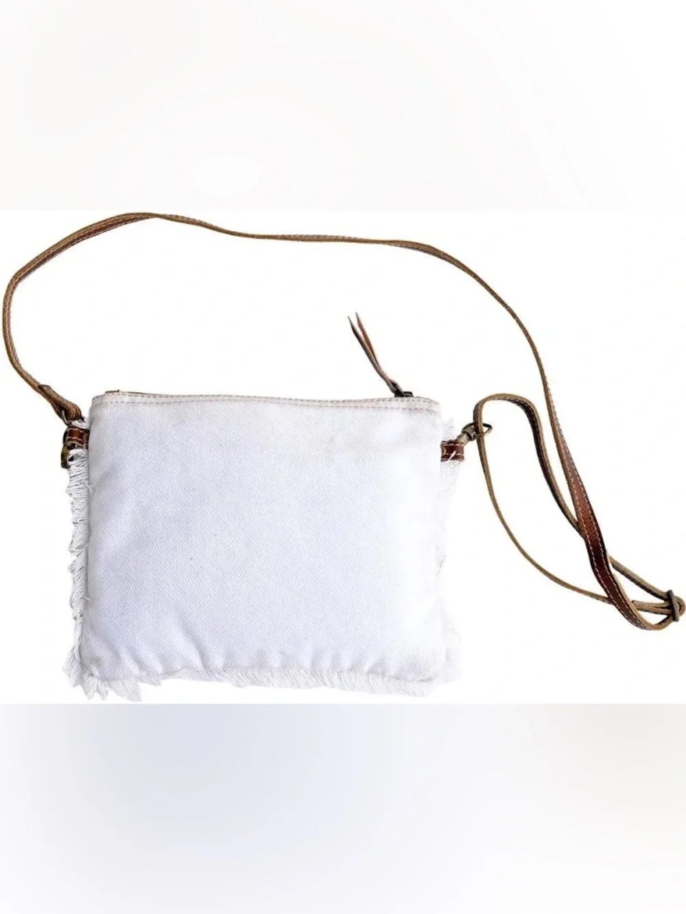 Neutral Fringe Canvas Crossbody Bag with Moon Phase Print